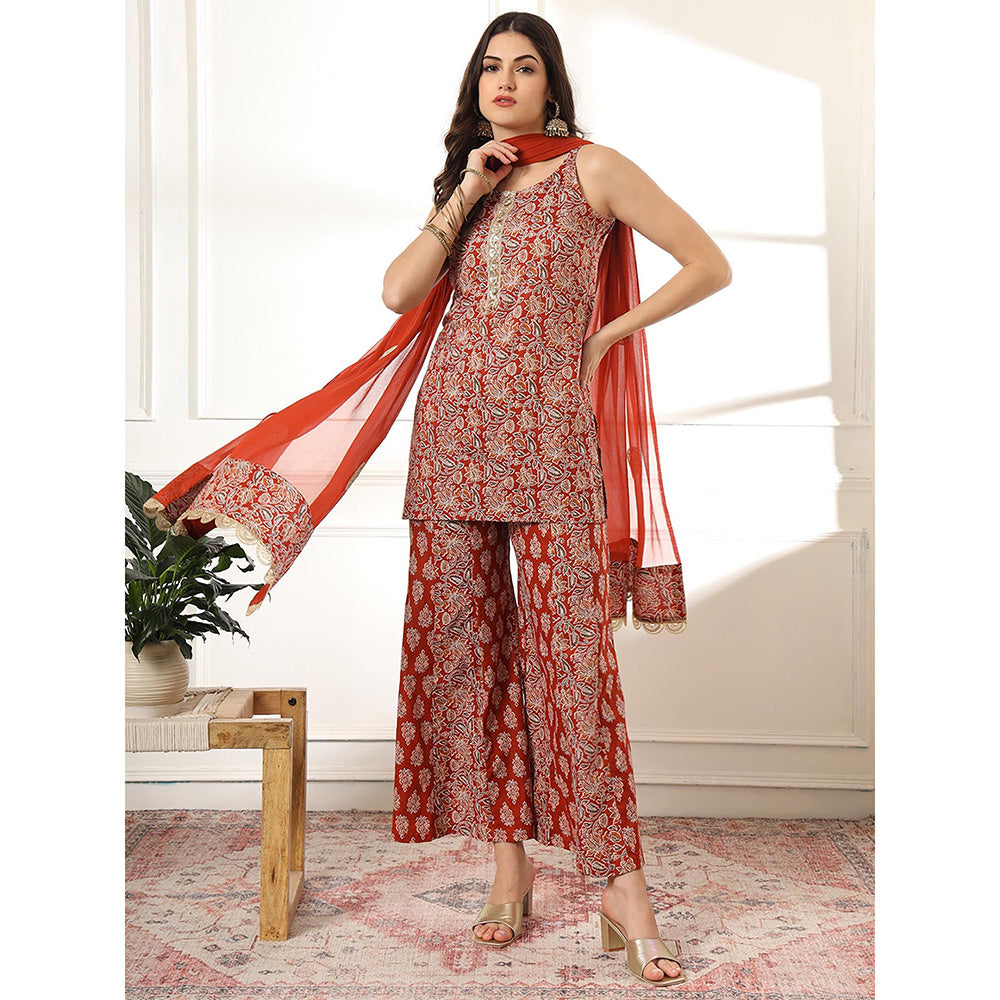 Yufta Cotton Rust Kurti with Sharara and Dupatta (Set of 3)