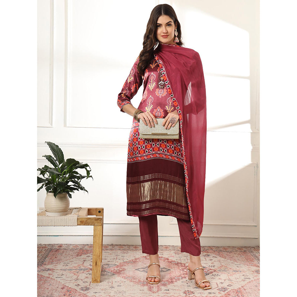 Yufta Burgundy Silk Kurta with Pant & Dupatta (Set of 3)