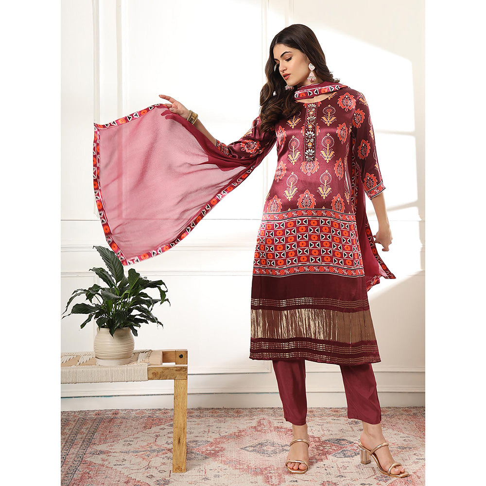 Yufta Burgundy Silk Kurta with Pant & Dupatta (Set of 3)