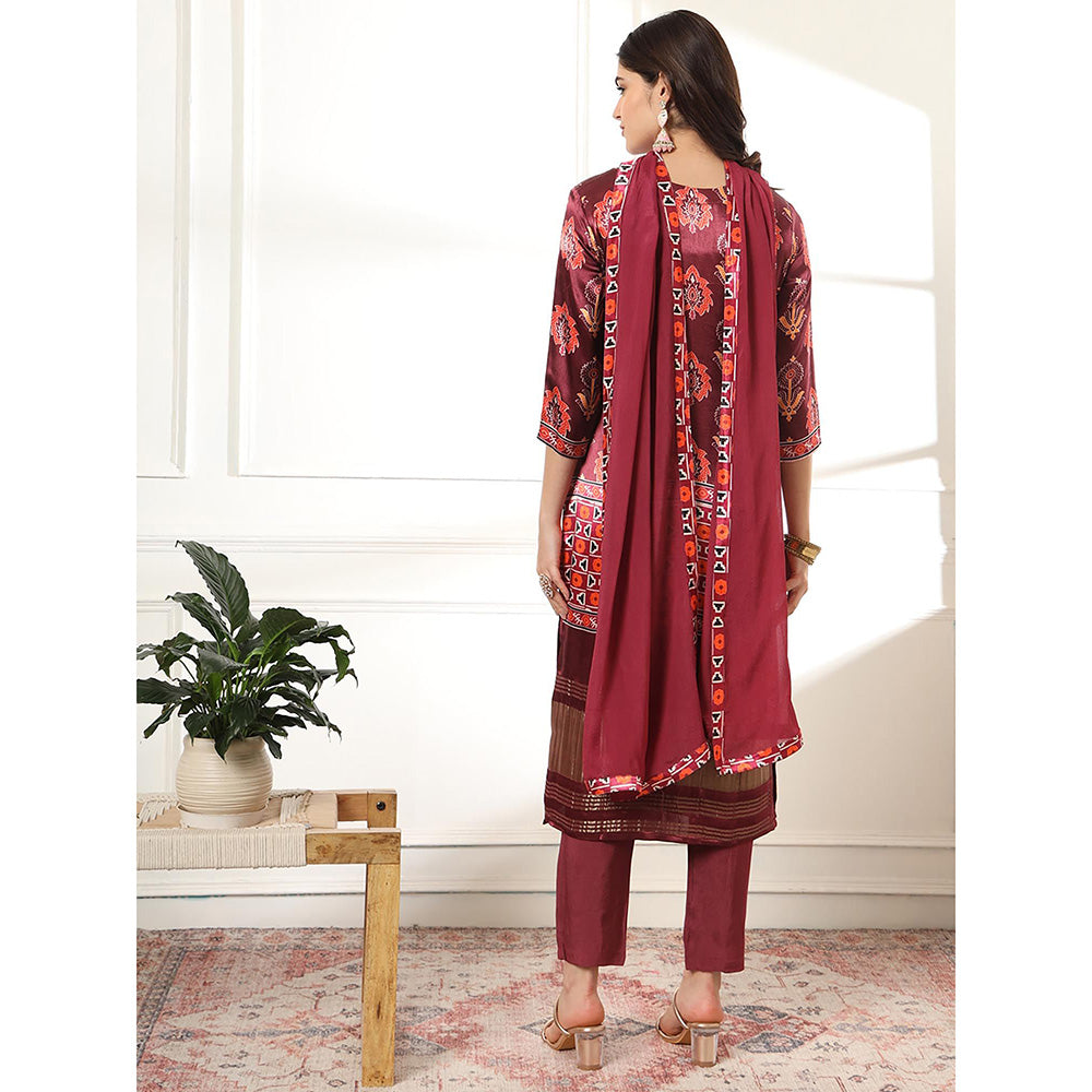 Yufta Burgundy Silk Kurta with Pant & Dupatta (Set of 3)