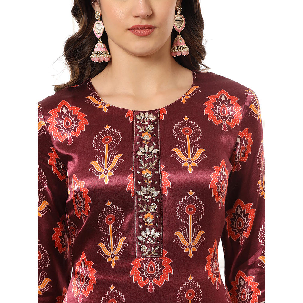 Yufta Burgundy Silk Kurta with Pant & Dupatta (Set of 3)