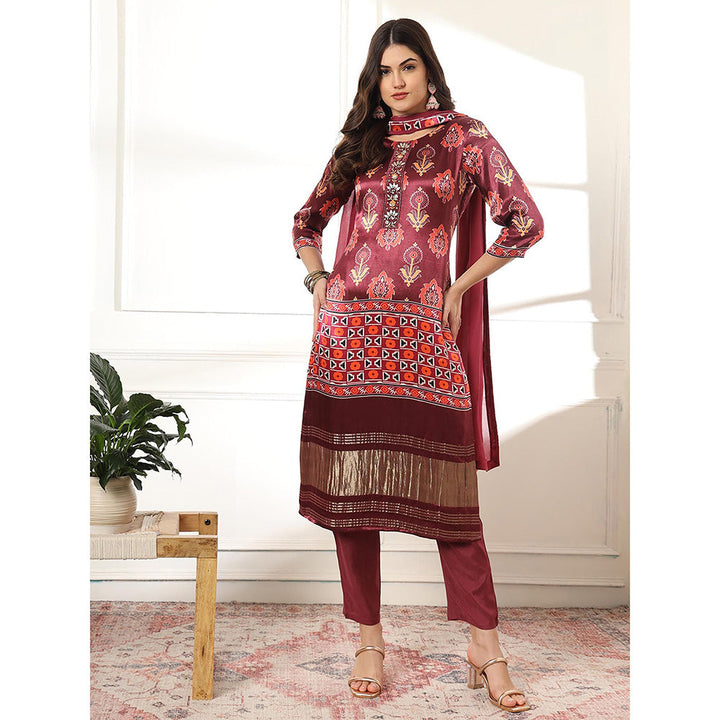 Yufta Burgundy Silk Kurta with Pant & Dupatta (Set of 3)