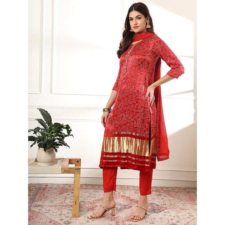 Yufta Red Silk Bandhani Kurta with Pant & Dupatta (Set of 3)