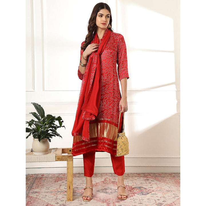 Yufta Red Silk Bandhani Kurta with Pant & Dupatta (Set of 3)