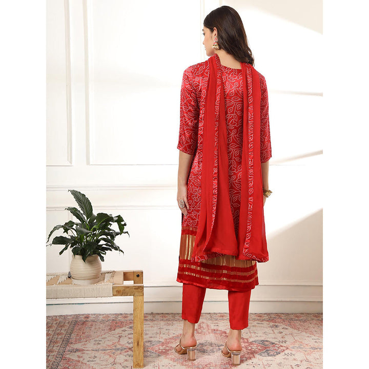 Yufta Red Silk Bandhani Kurta with Pant & Dupatta (Set of 3)