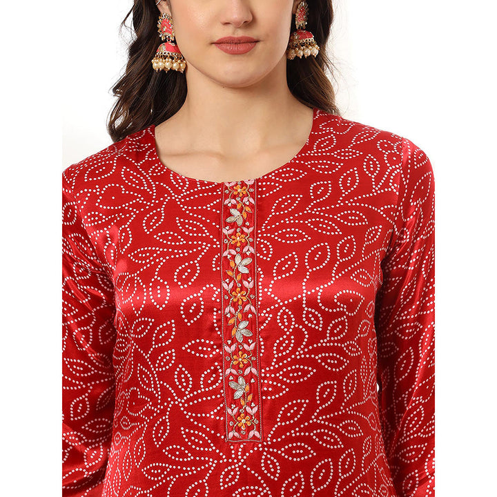 Yufta Red Silk Bandhani Kurta with Pant & Dupatta (Set of 3)