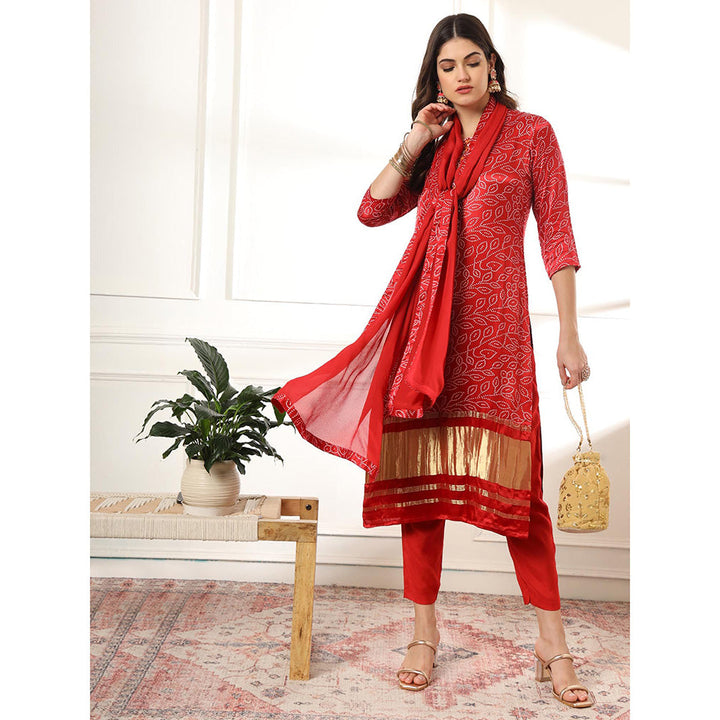 Yufta Red Silk Bandhani Kurta with Pant & Dupatta (Set of 3)