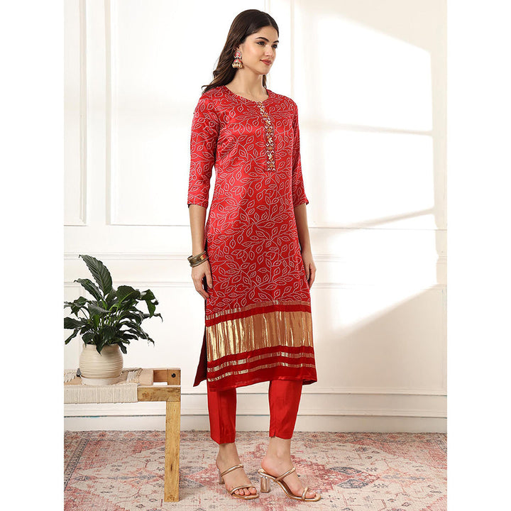 Yufta Red Silk Bandhani Kurta with Pant & Dupatta (Set of 3)