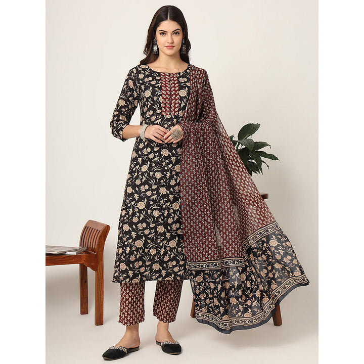 Yufta Piping On Yoke Floral Print Black Cotton Kurta with Pant & Dupatta (Set of 3)