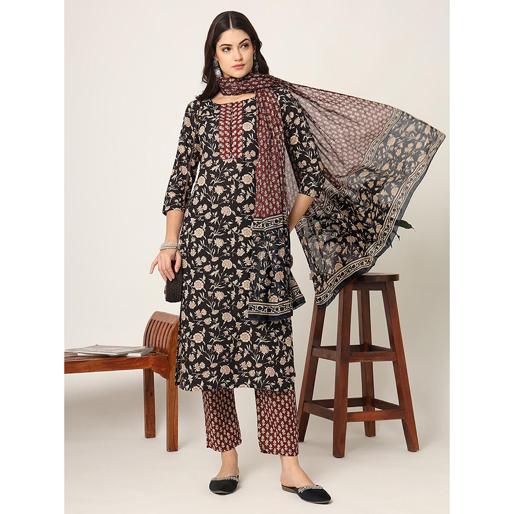 Yufta Piping On Yoke Floral Print Black Cotton Kurta with Pant & Dupatta (Set of 3)