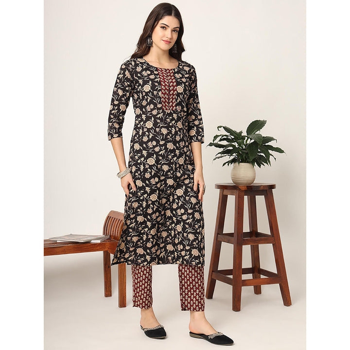 Yufta Piping On Yoke Floral Print Black Cotton Kurta with Pant & Dupatta (Set of 3)