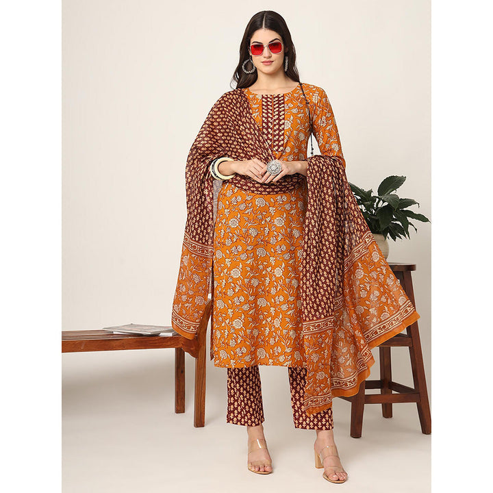 Yufta Piping On Yoke Floral Print Mustard Cotton Kurta with Pant & Dupatta (Set of 3)