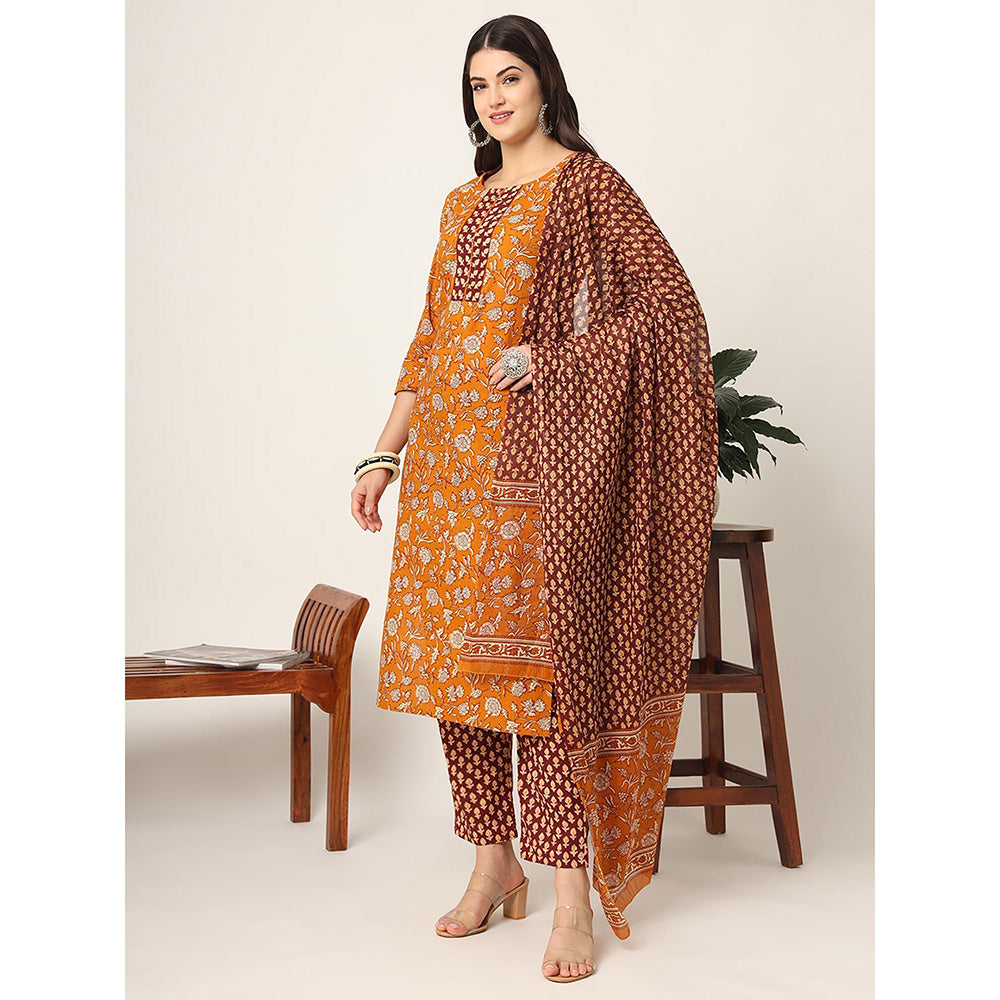 Yufta Piping On Yoke Floral Print Mustard Cotton Kurta with Pant & Dupatta (Set of 3)