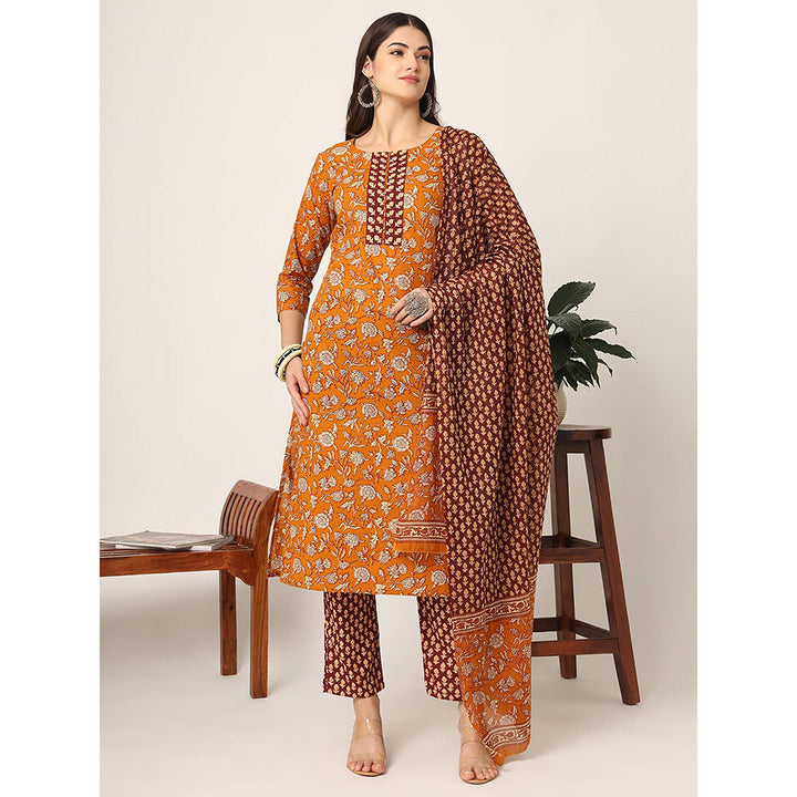 Yufta Piping On Yoke Floral Print Mustard Cotton Kurta with Pant & Dupatta (Set of 3)