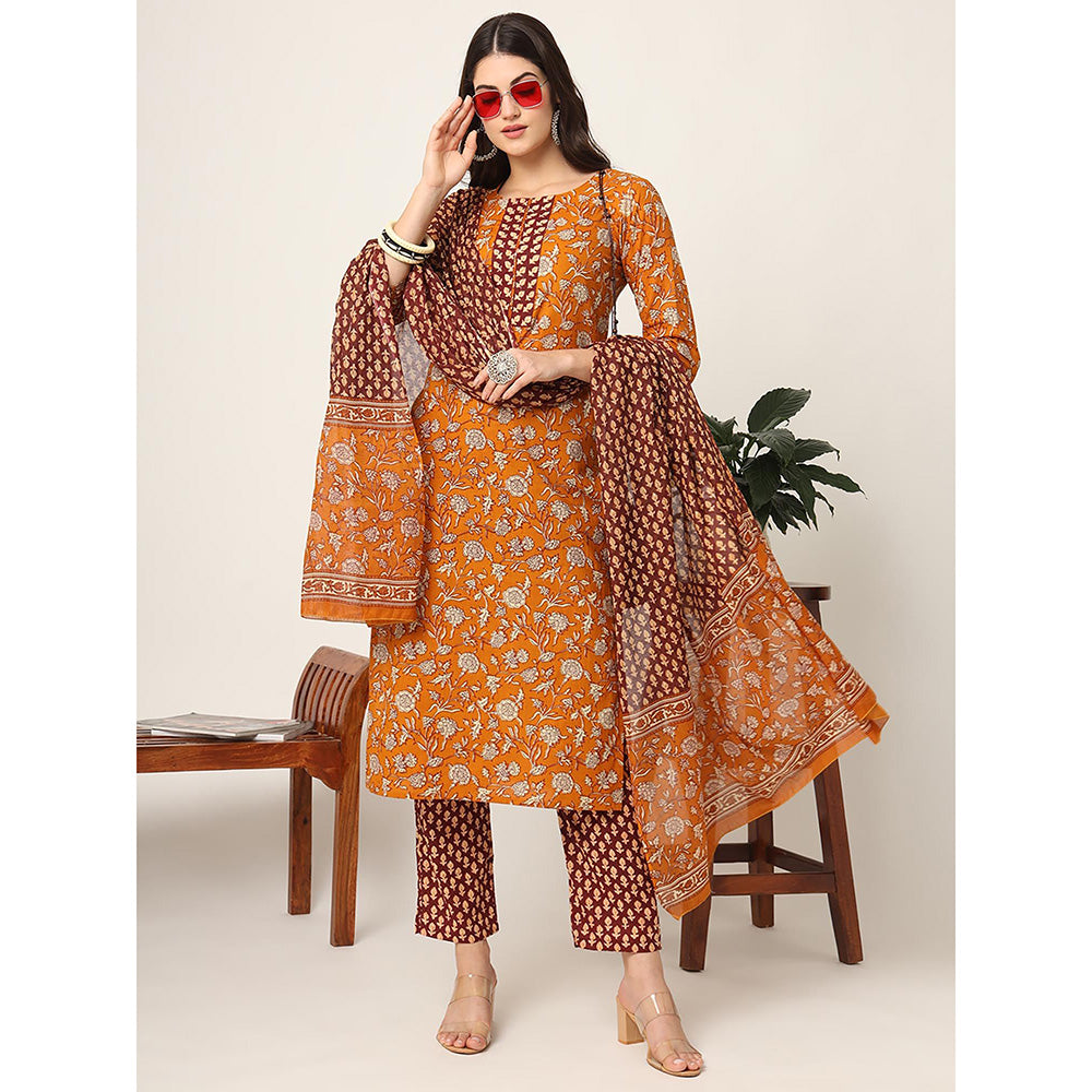 Yufta Piping On Yoke Floral Print Mustard Cotton Kurta with Pant & Dupatta (Set of 3)