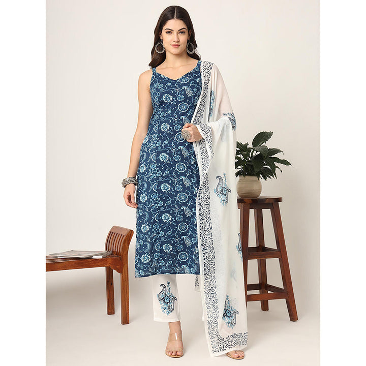 Yufta Blue Cotton Strappy Block Print Kurta with Pant & Dupatta (Set of 3)