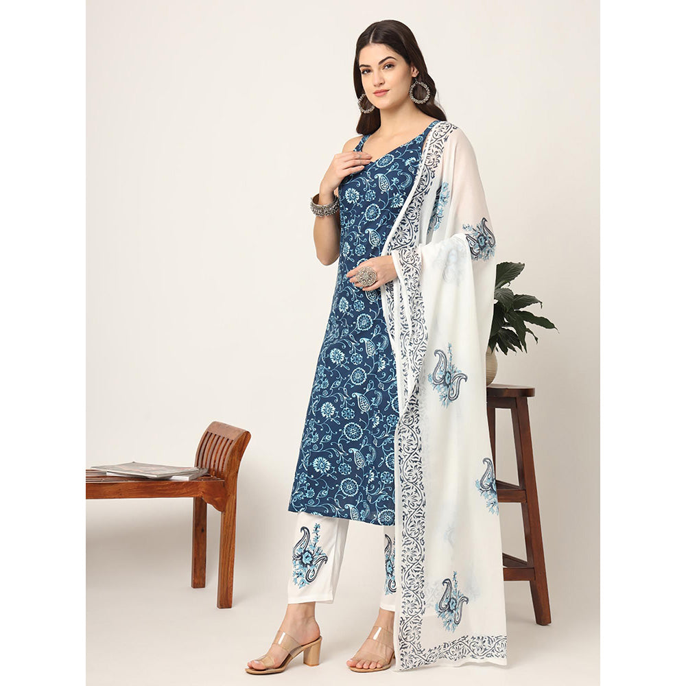 Yufta Blue Cotton Strappy Block Print Kurta with Pant & Dupatta (Set of 3)