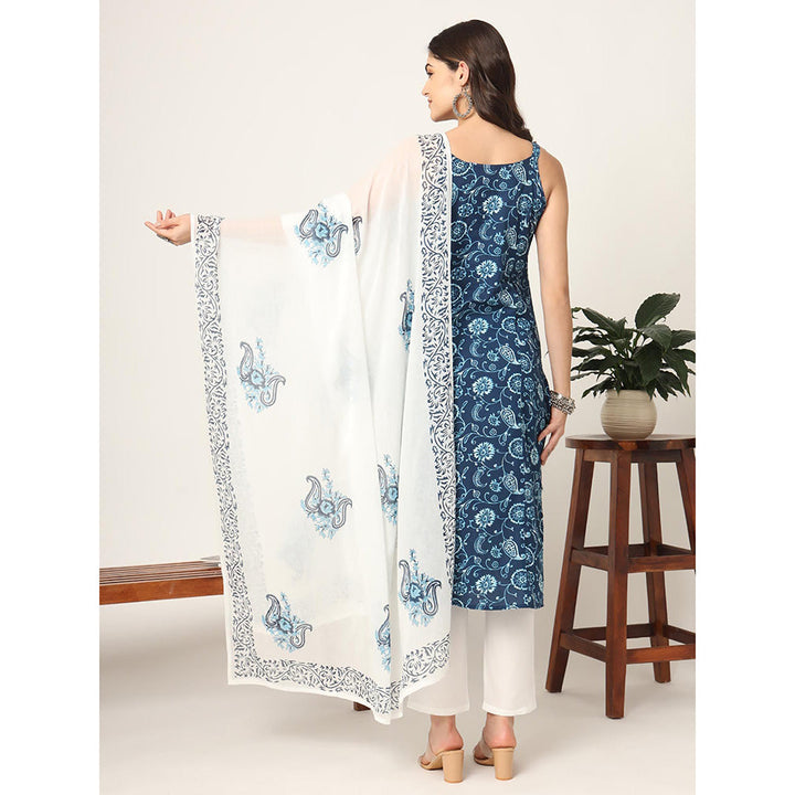 Yufta Blue Cotton Strappy Block Print Kurta with Pant & Dupatta (Set of 3)