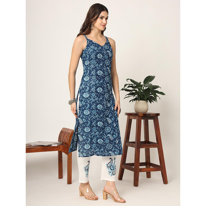 Yufta Blue Cotton Strappy Block Print Kurta with Pant & Dupatta (Set of 3)