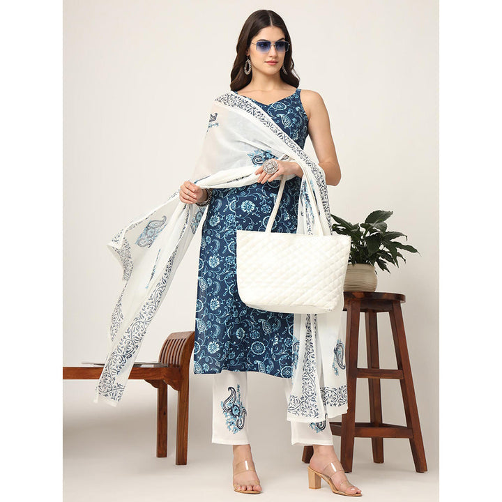 Yufta Blue Cotton Strappy Block Print Kurta with Pant & Dupatta (Set of 3)