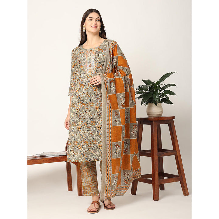 Yufta Mustard and Gray Cotton Dori Embroidery Kurta & Pant with Dupatta (Set of 3)