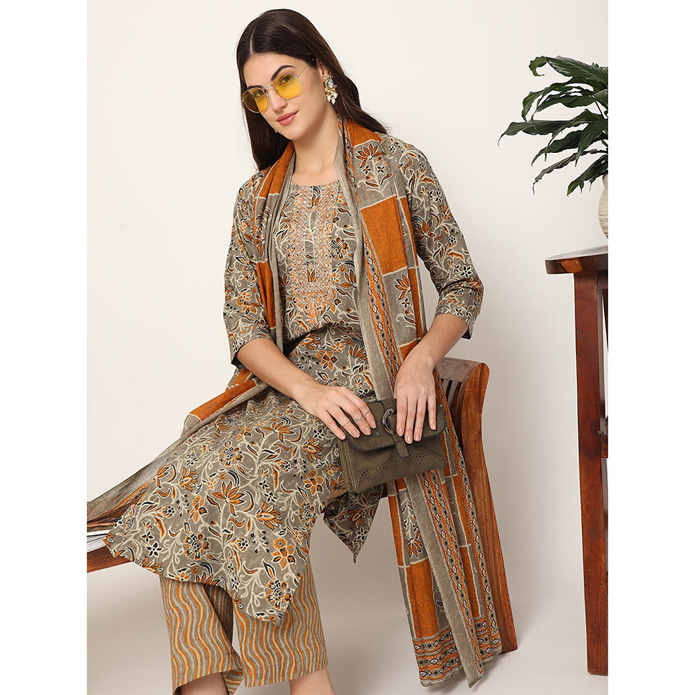 Yufta Mustard and Gray Cotton Dori Embroidery Kurta & Pant with Dupatta (Set of 3)