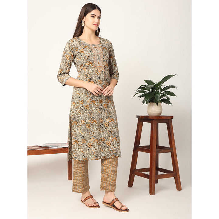 Yufta Mustard and Gray Cotton Dori Embroidery Kurta & Pant with Dupatta (Set of 3)