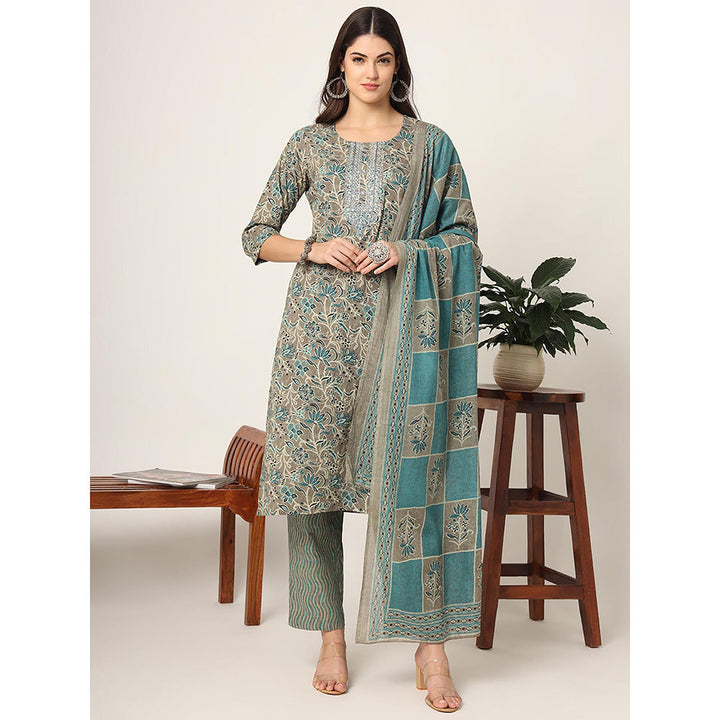 Yufta Cotton Teal Blue and Grey Cotton Dori Embroidery Kurta with Pant & Dupatta (Set of 3)