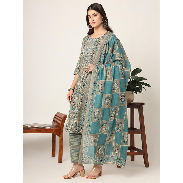 Yufta Cotton Teal Blue and Grey Cotton Dori Embroidery Kurta with Pant & Dupatta (Set of 3)