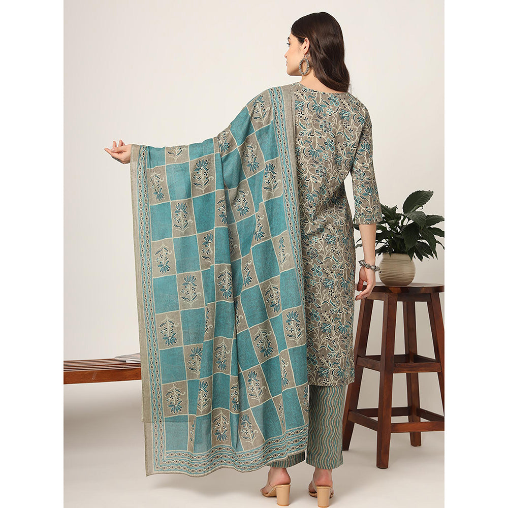 Yufta Cotton Teal Blue and Grey Cotton Dori Embroidery Kurta with Pant & Dupatta (Set of 3)