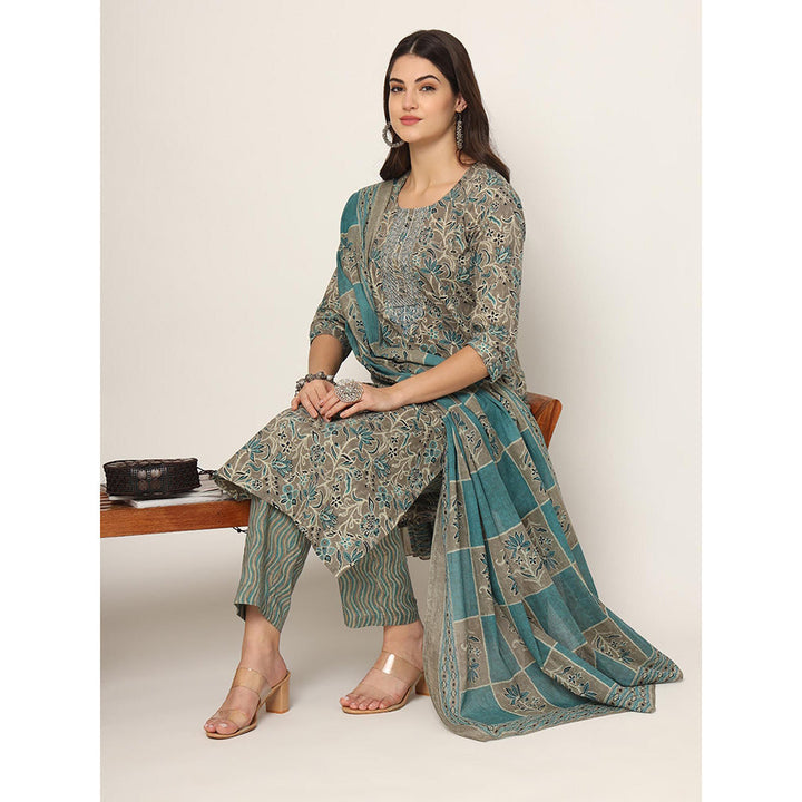 Yufta Cotton Teal Blue and Grey Cotton Dori Embroidery Kurta with Pant & Dupatta (Set of 3)