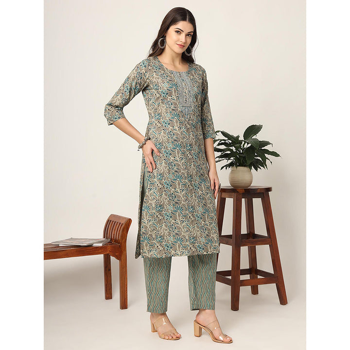 Yufta Cotton Teal Blue and Grey Cotton Dori Embroidery Kurta with Pant & Dupatta (Set of 3)