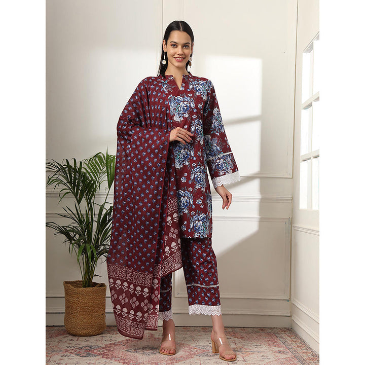 Yufta Maroon Pakistani Cotton Kurta with Pant & Dupatta (Set of 3)