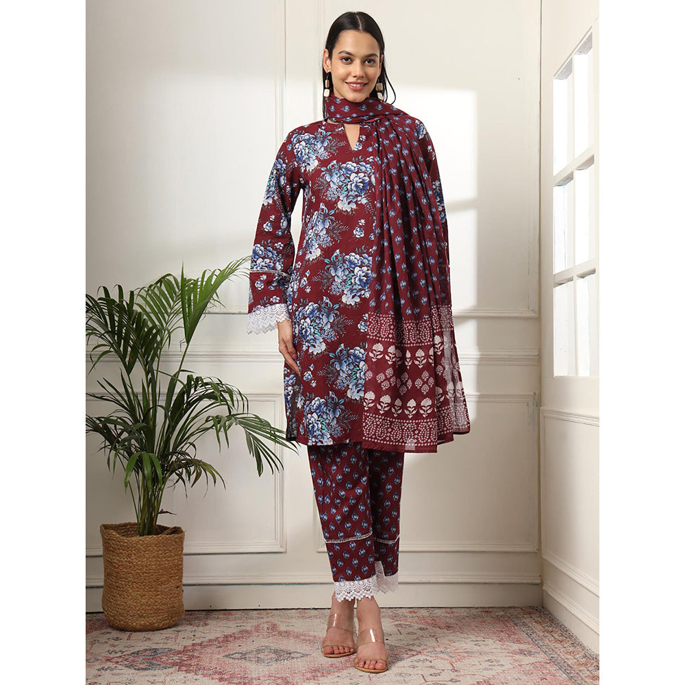 Yufta Maroon Pakistani Cotton Kurta with Pant & Dupatta (Set of 3)