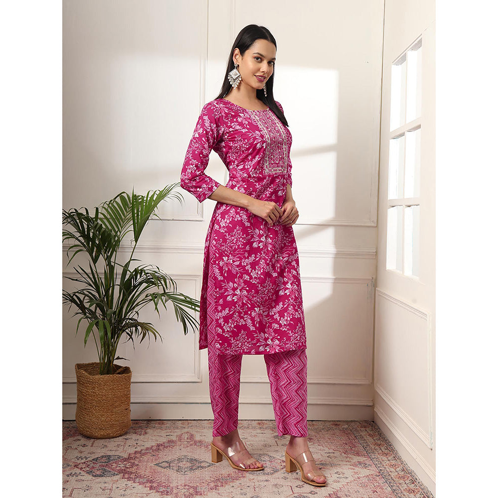 Yufta Pink Pure Cotton Floral Print Embroidered Kurta with Pant & Dupatta (Set of 3)