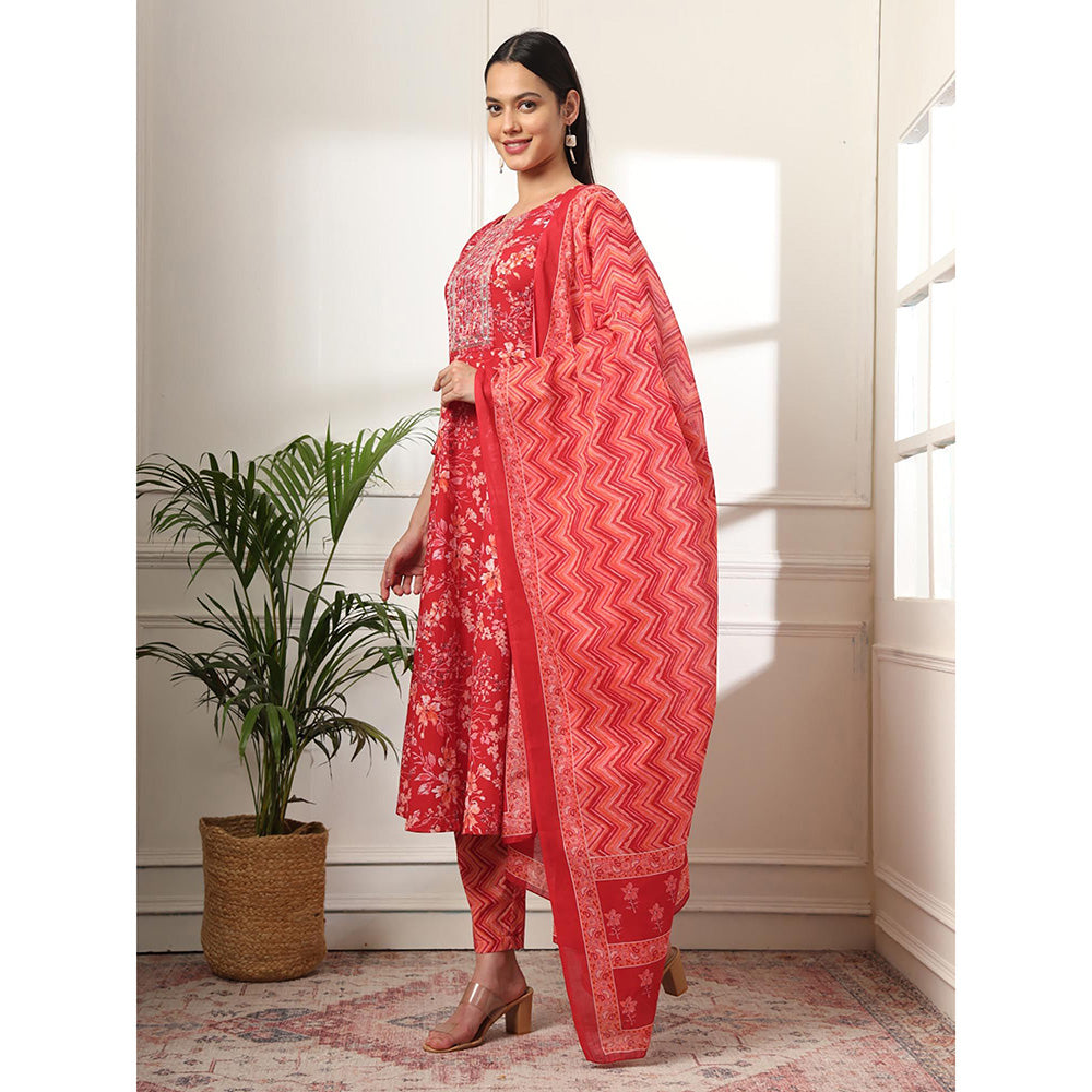 Yufta Pure Cotton Red Anarkali Kurta with Pant & Dupatta (Set of 3)