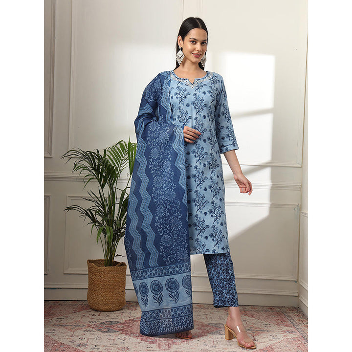 Yufta Cotton Blue Kurta with Pant & Dupatta (Set of 3)