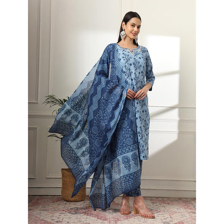 Yufta Cotton Blue Kurta with Pant & Dupatta (Set of 3)