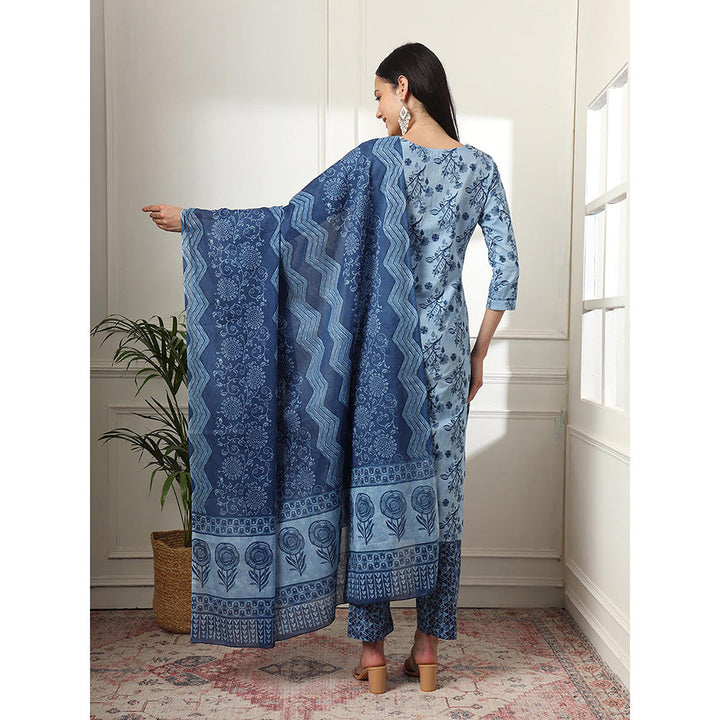 Yufta Cotton Blue Kurta with Pant & Dupatta (Set of 3)