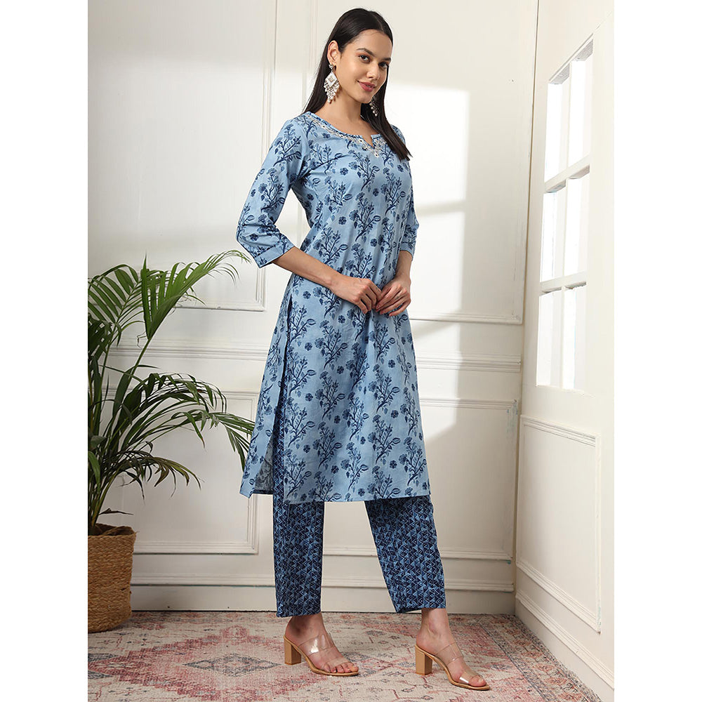 Yufta Cotton Blue Kurta with Pant & Dupatta (Set of 3)