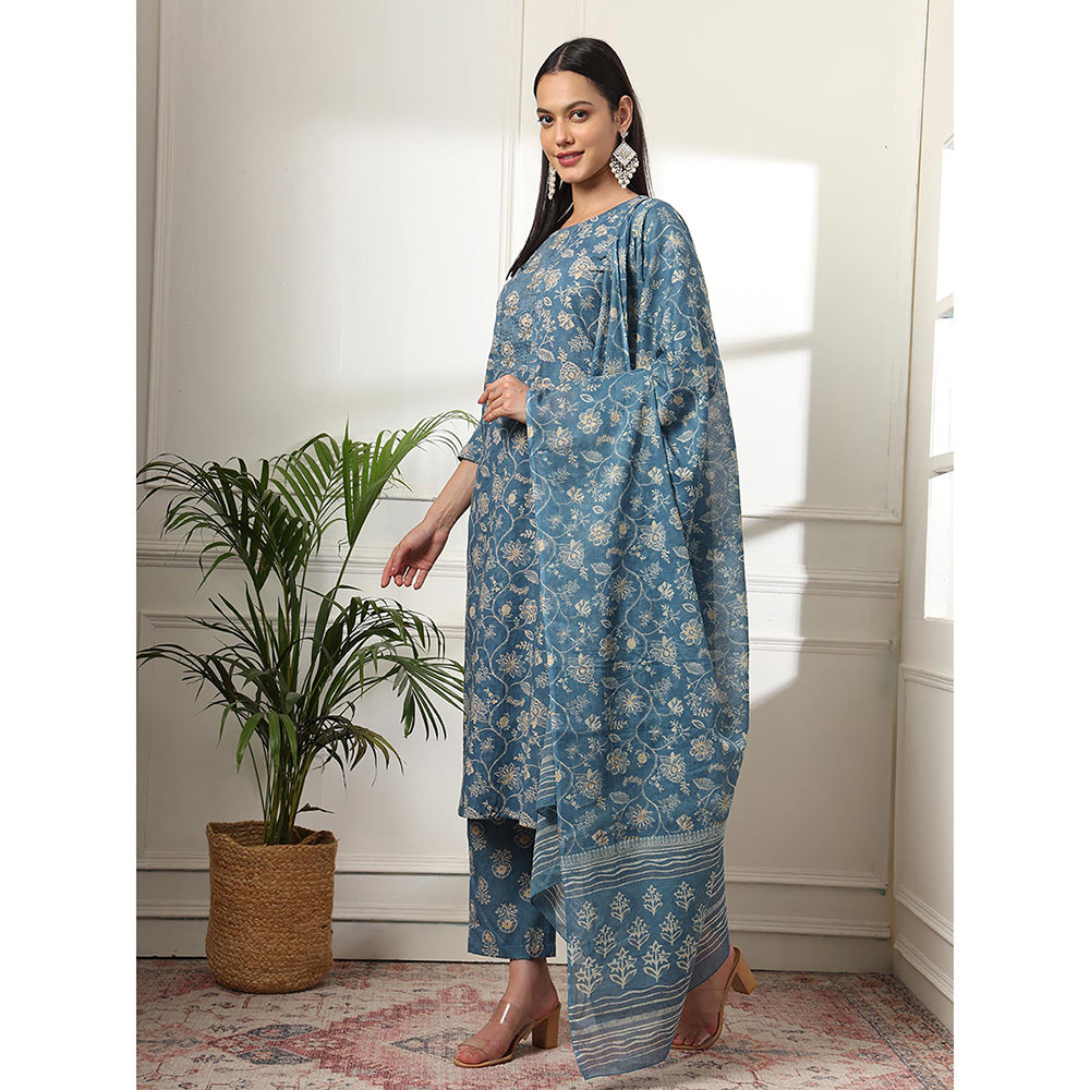 Yufta Pure Cotton Straight Blue Kurta with Pant & Dupatta (Set of 3)