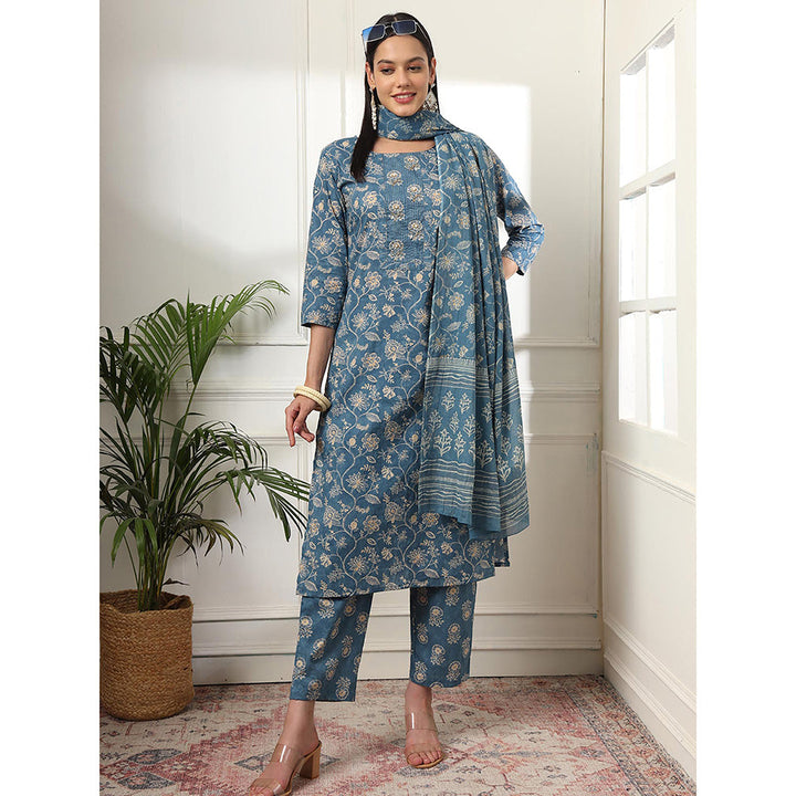 Yufta Pure Cotton Straight Blue Kurta with Pant & Dupatta (Set of 3)