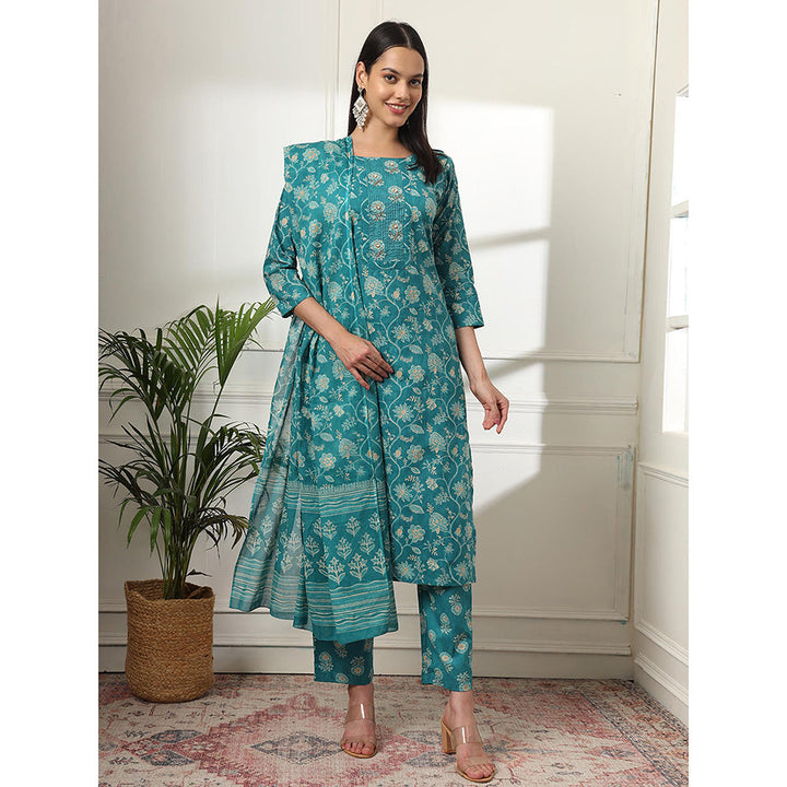 Yufta Cotton Straight Turquoise Blue Kurta with Pant & Dupatta (Set of 3)