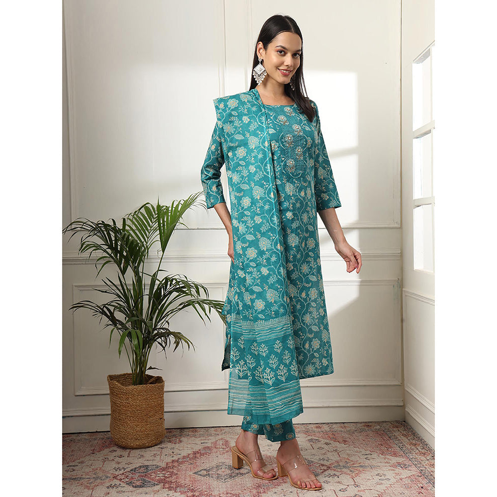 Yufta Cotton Straight Turquoise Blue Kurta with Pant & Dupatta (Set of 3)