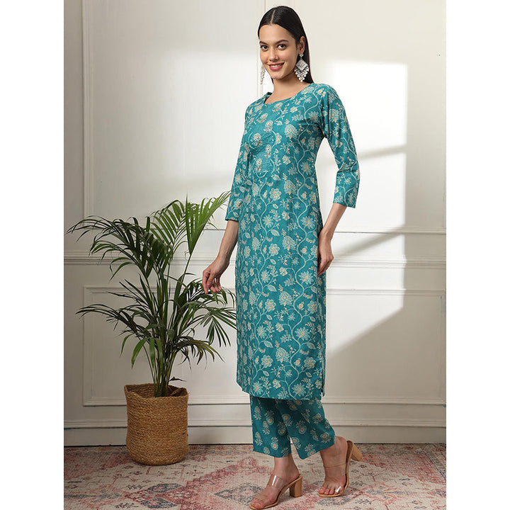 Yufta Cotton Straight Turquoise Blue Kurta with Pant & Dupatta (Set of 3)