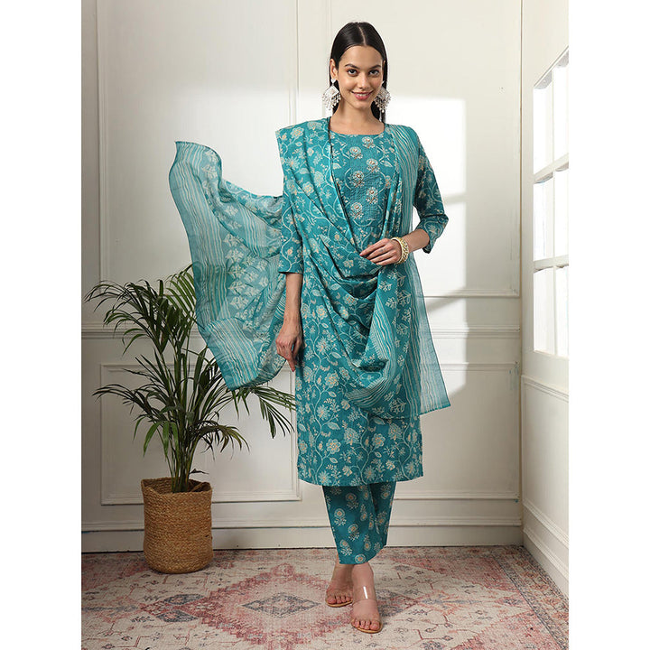 Yufta Cotton Straight Turquoise Blue Kurta with Pant & Dupatta (Set of 3)