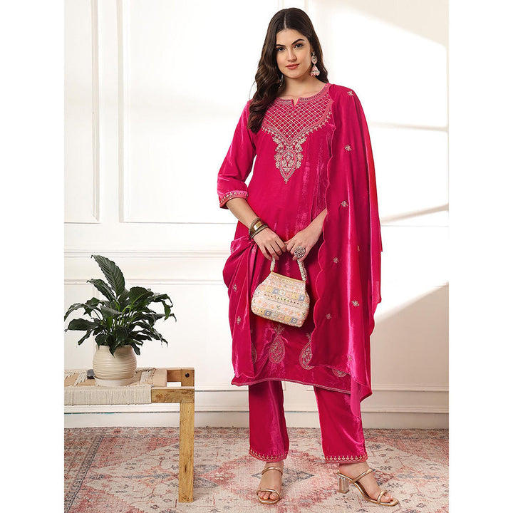 Yufta Pink Velvet Kurta with Pant & Embroidered Dupatta (Set of 3)