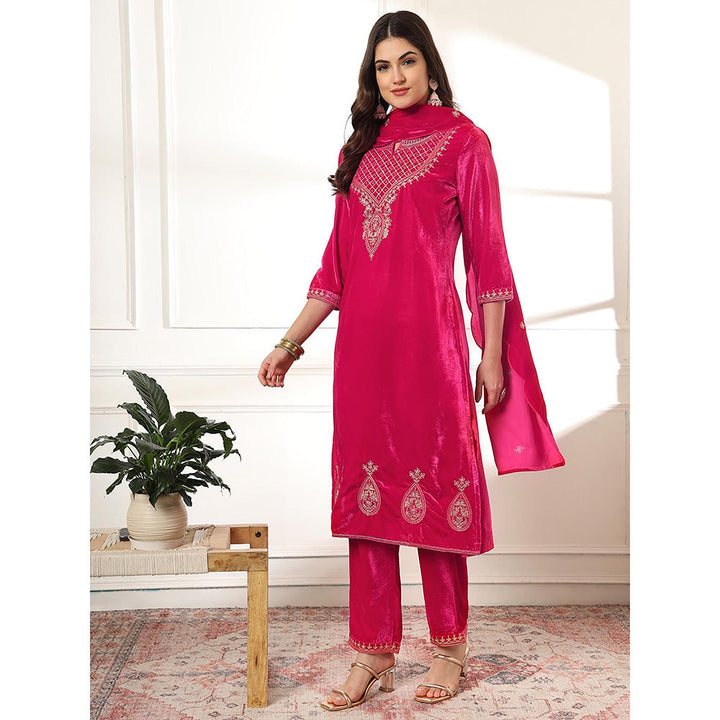 Yufta Pink Velvet Kurta with Pant & Embroidered Dupatta (Set of 3)