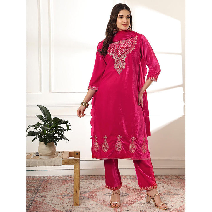 Yufta Pink Velvet Kurta with Pant & Embroidered Dupatta (Set of 3)