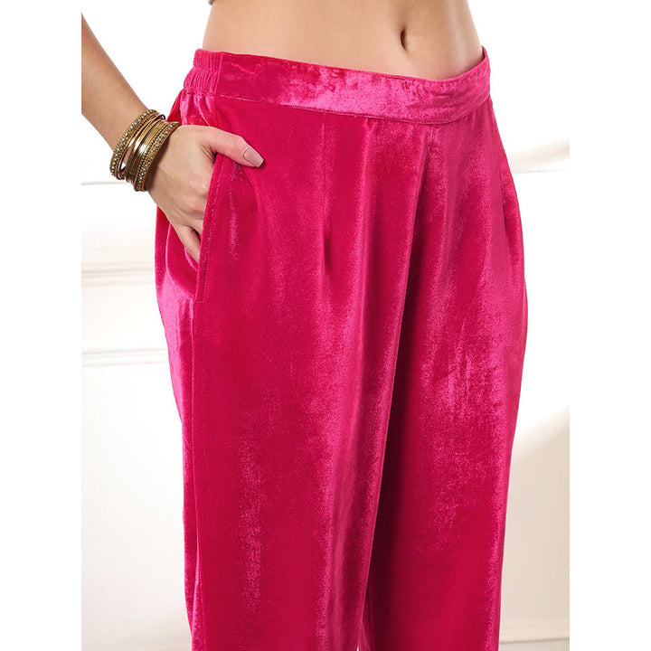 Yufta Pink Velvet Kurta with Pant & Embroidered Dupatta (Set of 3)